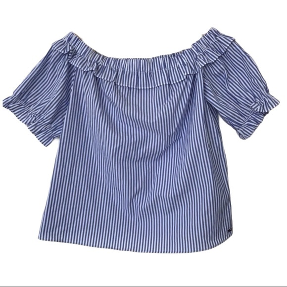 Vineyard Vines Seersucker Blue Top Off Shoulder XS - Picture 1 of 3